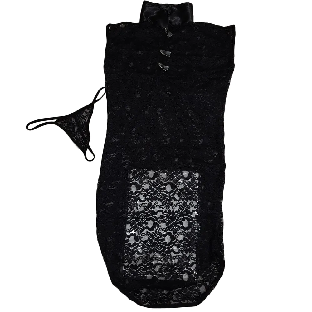 0030 lebas khab gipor Wella code WL0030 لباس خواب گیپور Wella کد WL0030 - لباس خواب پیراهنی دانتل مشکی بلند تا پایین باسن لباس خواب گیپور مشکی Wella کد WL0030 با طراحی بدننما، مناسب برای رابطه زوجین و ست کردن با آیتمهای فانتزی