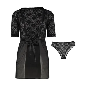 ست ربدوشامبر تور و دانتل Love Lingerie کد L114 مشکی، لباس خواب زنانه فانتزی دوتکه با شورت اسلیپ، طراحی باز و آستین کوتاه برای نمایش خطوط بدن
