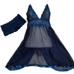 لباس خواب پشت باز دانتلی سرمه‌ای لاو لاینجری Love Lingerie مدل L5952 با تور بدن‌نما و طراحی بند مورب شیک