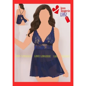 لباس خواب پشت باز دانتلی سرمه‌ای لاو لاینجری Love Lingerie مدل L5952 با تور بدن‌نما و طراحی بند مورب شیک