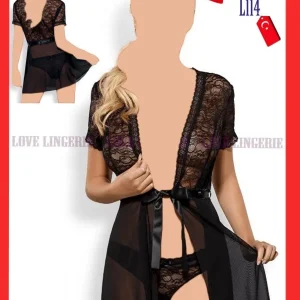 ست ربدوشامبر تور و دانتل Love Lingerie کد L114 مشکی، لباس خواب زنانه فانتزی دوتکه با شورت اسلیپ، طراحی باز و آستین کوتاه برای نمایش خطوط بدن