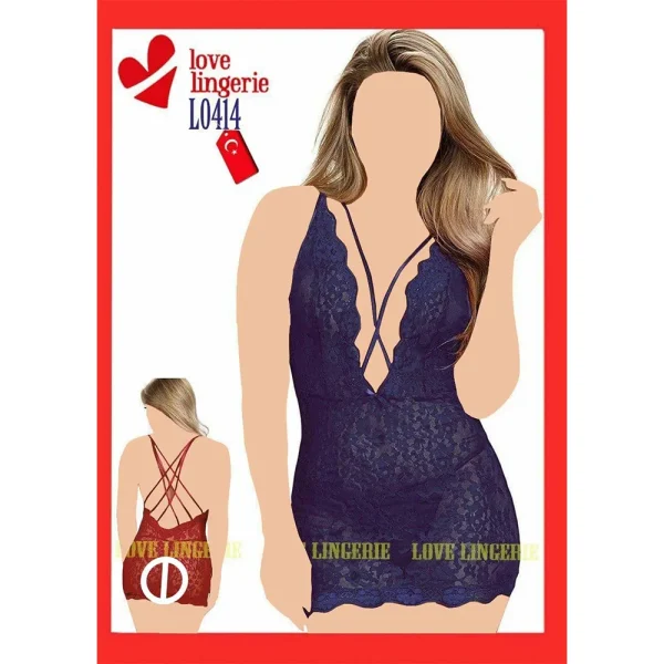 لباس خواب گیپور هارنسی پشت ضربدری Love Lingerie کد L0414 مشکی یا سرمه‌ای – لباس خواب زنانه فانتزی شیک و جذاب