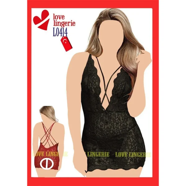 لباس خواب گیپور هارنسی پشت ضربدری Love Lingerie کد L0414 مشکی یا سرمه‌ای – لباس خواب زنانه فانتزی شیک و جذاب