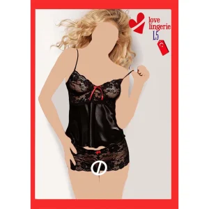 ست تاپ شورت فانتزی زنانه ساتن و دانتل مشکی/قرمز لاو لاینجری کد L5، مناسب برای لباس خواب خاص و لحظات رمانتیک، دارای بندهای قابل تنظیم و شورت مدل جنیفری چسبان، بهترین لباس زیر برای افزایش جذابیت زوجین. ست تاپ و شورت ساتن و دانتل لاو لاینجری کد L5