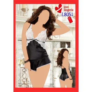 ست تاپ و شورت ساتن مشکی و سفید لاو لاینجری کد L8051 با پارچه براق ساتن و دانتل سفید، طراحی وی شکل و بندهای قابل تنظیم