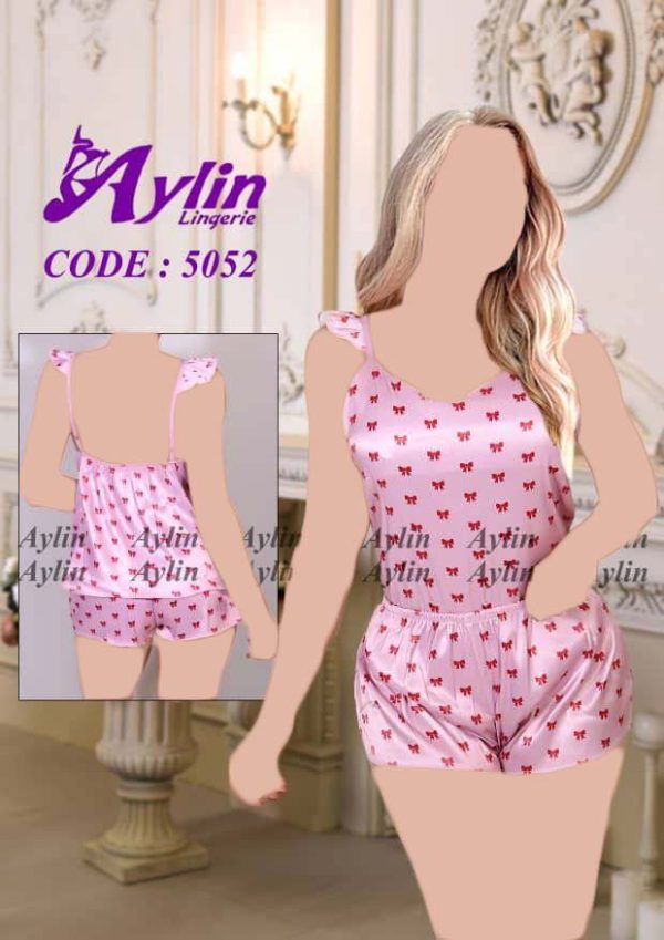 ست تاپ و شورتک ساتن طرح پاپیون Aylin کد 5052