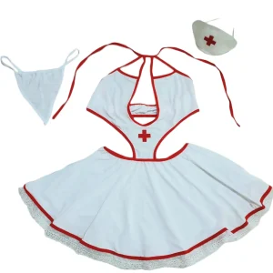 کاستوم پرستاری فانتزی زنانه سه تکه Delwin کد 175 سفید و قرمز با سوتین مینیمال و شورت لامبادا | خرید لباس خواب خاص و جذاب - کاستوم یا لباس خواب پرستاری سه تکه Delwin کد 175