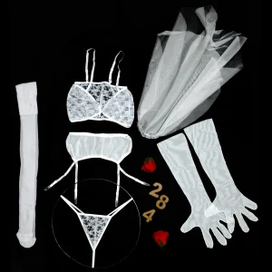 ست شش تکه عروس MNG کد 2840303 -ست شش تکه لباس خواب عروس سفید دانتل تور MNG 2840303