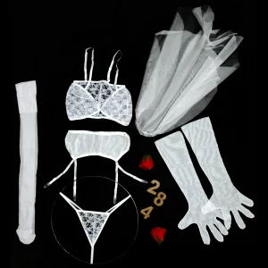 ست شش تکه عروس MNG کد 2840303 -ست شش تکه لباس خواب عروس سفید دانتل تور MNG 2840303