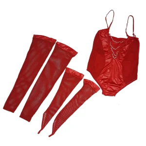 کاستوم زنبوری سه تکه Gap کد 2123 یا لباس خواب زنبوری زنجیردار با ساق دست و پا در دو رنگ قرمز و مشکی