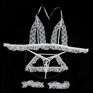 ست فانتزی سه تکه عروس Lady کد 5203 -ست فانتزی سه‌تکه عروس سفید دانتلی Lady کد 5203 با طراحی پشت‌گردنی و شورت ضربدری برای شب عروسی