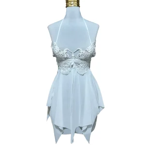 لباس خواب توری پروانه ای جلو باز سفید و زیبا و شیک