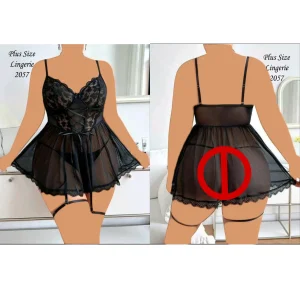 لباس خواب تور و دانتل دامنی فنردار سایز بزرگ Violetta کد 2057 مناسب خانم های تپل جذاب با رنگ مشکی همیشه قشنگ