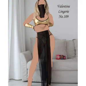 ست لباس خواب فانتزی زنانه مدل کاستوم عربی روبنددار Valentine کد 109 با ترکیب رنگ طلایی و مشکی و طراحی بدن‌نما مناسب لحظات خاص زوجین