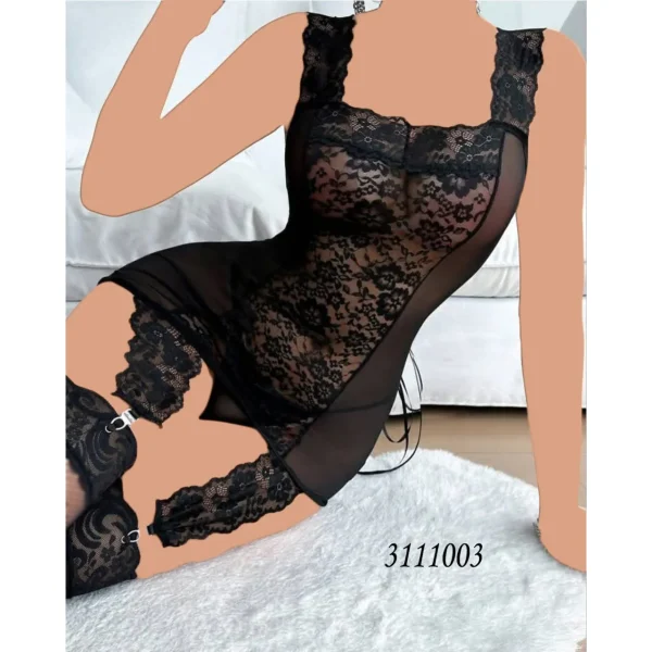 لباس خواب دانتل مشکی پشت‌بندی گارتر‌دار Desire کد 3111003 همراه جوراب پارازین و شورت لامبادا