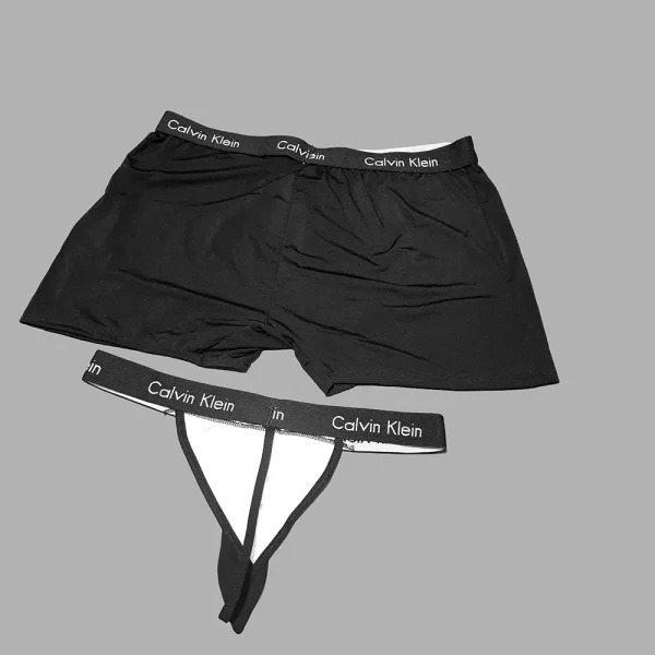 ست شورت کراواتی زن و مرد Calvin Klein کد M114K با طراحی مشکی و سفید و کراوات‌های آویزی