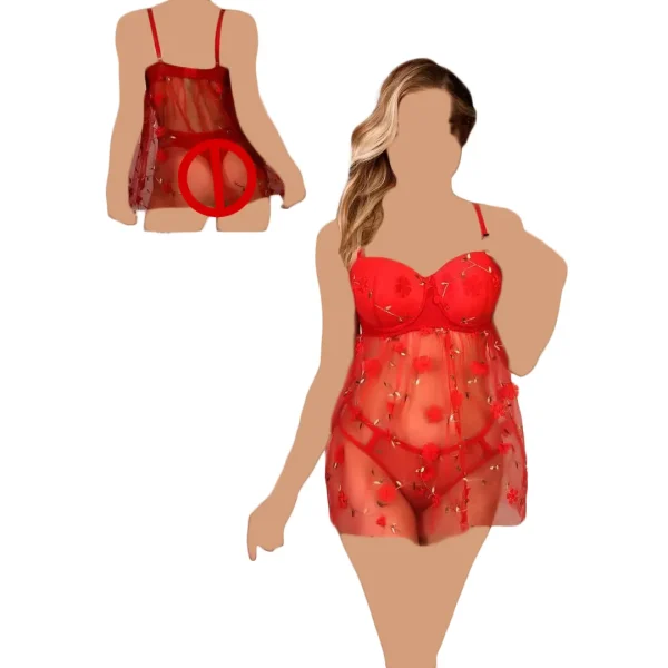لباس خواب زنانه کاپ‌دار توری سه‌بعدی Queen کد 2053 با طراحی خاص، مناسب برای افزایش جذابیت و صمیمیت در رابطه زوجین