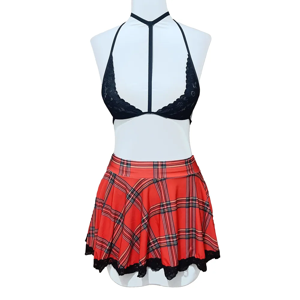 Valentine Schoolgirl Costume Set 079 (1) کاستوم دانشآموزی سهتکه Valentine کد 079 شامل سوتین دانتل مشکی، دامن کوتاه قرمز طرح مدرسهای و شورت لامبادا – مناسب لحظههای دونفره و فانتزی