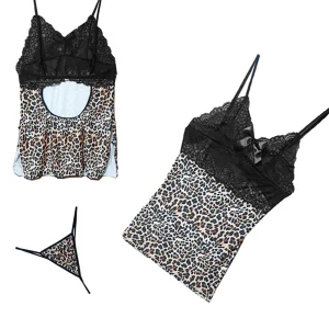 🐆 ست لباس خواب پلنگی فانتزی (Big Size) Violetta کد 2062 - لباس خواب فانتزی پلنگی مشکی دانتل Violetta، بیگ سایز، دارای زنجیر طلایی، پوشاننده شکم، مناسب بانوان تپل