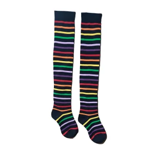 جوراب نخی بالا زانو زنانه کد 1050 در چهار طرح مشکی و سفید با خطوط رنگی؛ مناسب استایل روزمره، لباس خواب و کاستوم