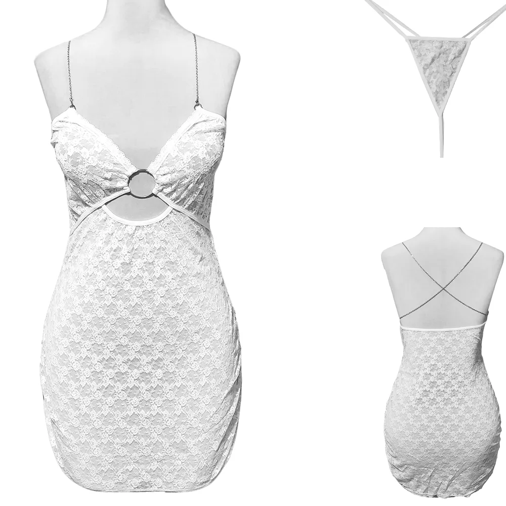 Lace Chain Nightdress VIP White Code 0168 (6) لباس خواب دانتل زنجیردار VIP سفید دو تکه با طراحی ظریف و بندهای زنجیری مناسب رابطه زوجین