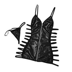 "لباس خواب کوتاه مشکی براق Vitarita کد 818 با زیپ جلویی، بندهای نردبانی دو طرف و شورت لامبادا براق مناسب شب‌های دونفره