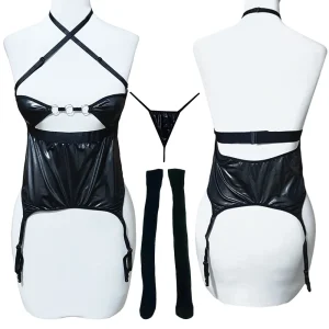 ست بادی فانتزی زنانه طرح لاتکس براق مشکی ۴ تکه مدل VIP کد 0172 شامل بادی، شورت و جوراب زنبوری مناسب برای سایزهای ۳۸ تا ۴۲ - بادی فانتزی چهار تکه طرح لاتکس VIP کد 0172