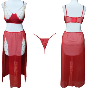 ست سوتین زنجیری با دامن بلند VIP کد 0155 - ست لباس زیر فانتزی قرمز شامل سوتین با زنجیرهای طلایی و دامن بلند تور چاکدار به همراه شورت لامبادا مدل VIP کد 0155 مناسب سایز ۳۸ تا ۴۲
