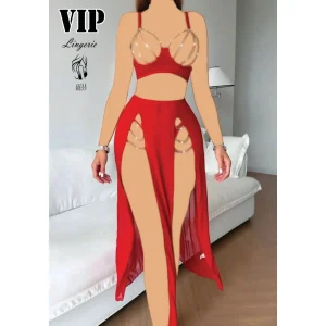 ست لباس زیر فانتزی قرمز شامل سوتین با زنجیرهای طلایی و دامن بلند تور چاکدار به همراه شورت لامبادا مدل VIP کد 0155 مناسب سایز ۳۸ تا ۴۲