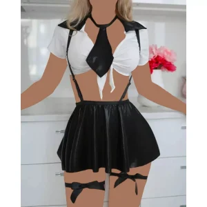 کاستوم معلم یا منشی پنج تکه کد 100 سایز 38 تا 42 سفید و مشکی با کروات و دامن براق بسیار شیک و جذاب