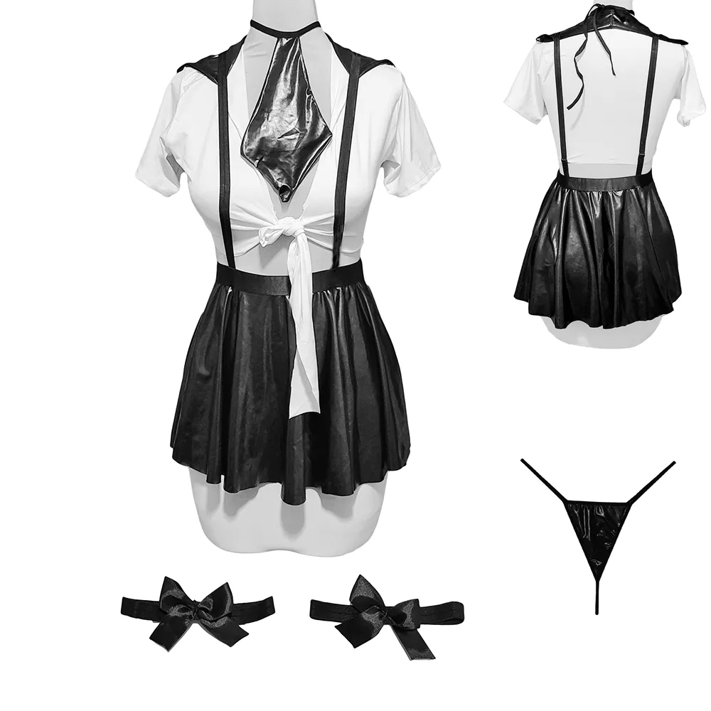 teacher ligerie or costume or secretery lingerie code 100 (2) کاستوم معلم یا منشی پنج تکه کد 100 سایز 38 تا 42 سفید و مشکی با کروات و دامن براق بسیار شیک و جذاب