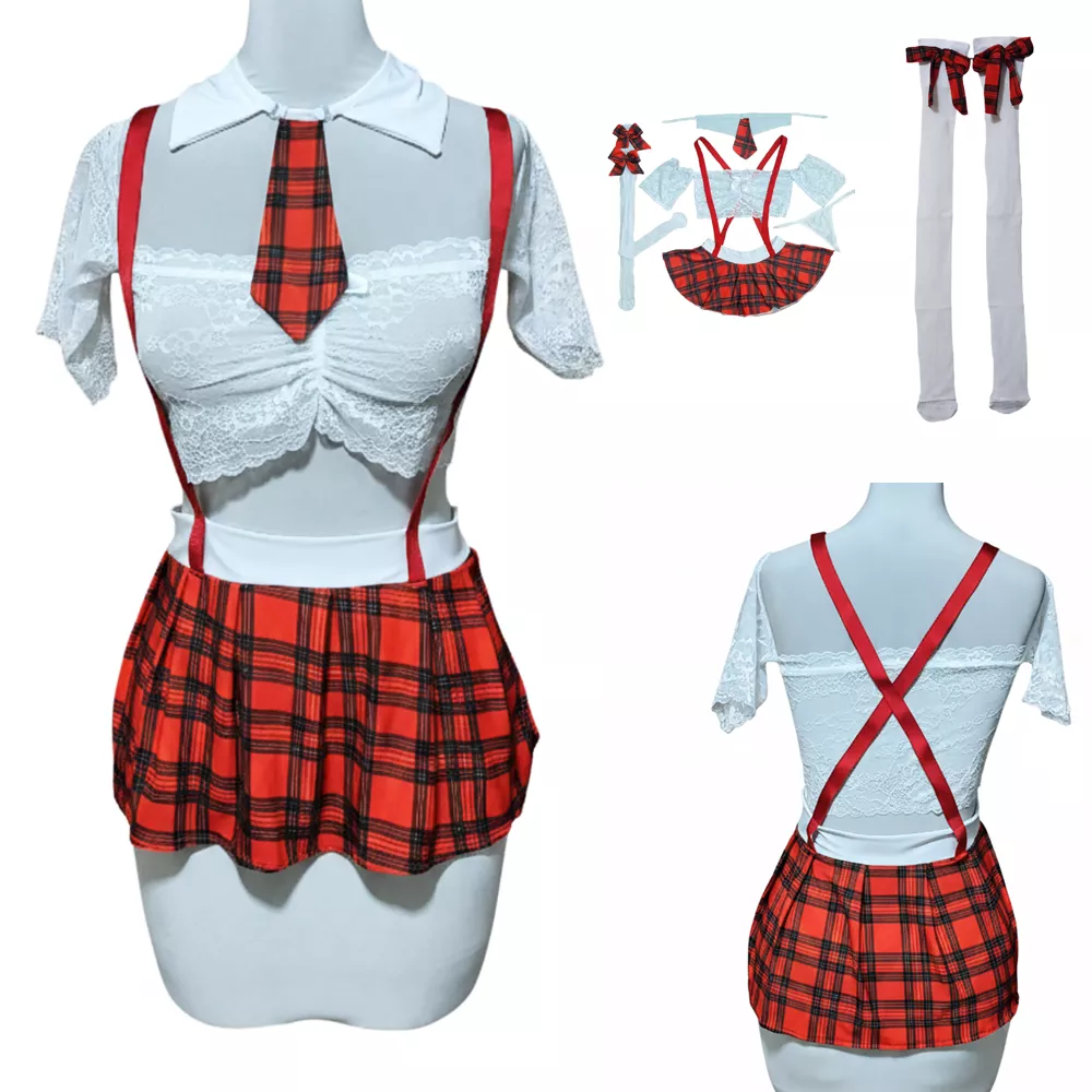 کاستوم دانش‌آموزی پنج تکه کد 082 یا 201 سایز 38 تا 42 شامل دامن چهارخانه قرمز، بالاتنه توری، بند ضربدری، جوراب و کروات مناسب زوجین