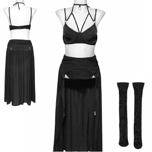 ست فانتزی سه تکه کد 6903 یا 196 سایز 38 تا 42 ، ست فانتزی سه تکه زنانه مشکی شامل سوتین، دامن نیمه‌شفاف و جوراب زنبوری مدل 6903 مناسب سایز 38 تا 42