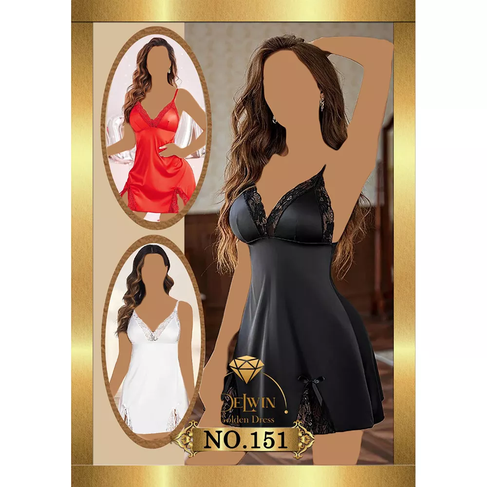 لباس خواب ساتن دو تکه کد 151 سایز 38 تا 42، لباس خواب ساتن کوتاه زنانه Delwin کد 151 با دانتل ظریف و طراحی نرم، مناسب لحظه‌های دونفره و صمیمی