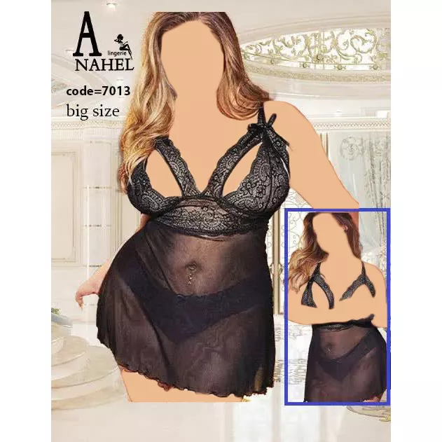 ست لباس خواب توری مشکی سینه‌بار برند Anahel کد 7013 سایز بزرگ با دانتل و شورت - لباس خواب توری سایز بزرگ سینه بار Anahel کد 7013