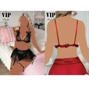 ست فانتزی سوتین و دامن توری مشکی سه‌تکه با جورابند — برند VIP Lingerie کد ۰۱۵۹ - ست فانتزی سوتین و دامن توری VIP کد ۰۱۵۹