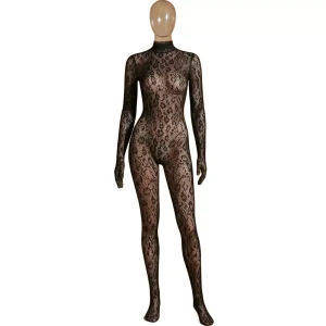 بادی استاکینگ یکسره مشکی توری با طرح پلنگی و یقه ایستاده روی مانکن