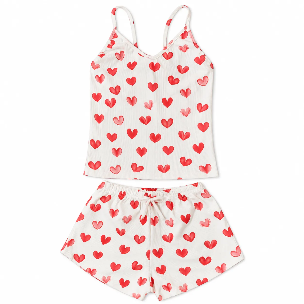 heart-print-ribbed-top-shorts-set-2039-01 ست تاپ و شورت زنانه فانریپ سفید چاپ قلبی کد 2039