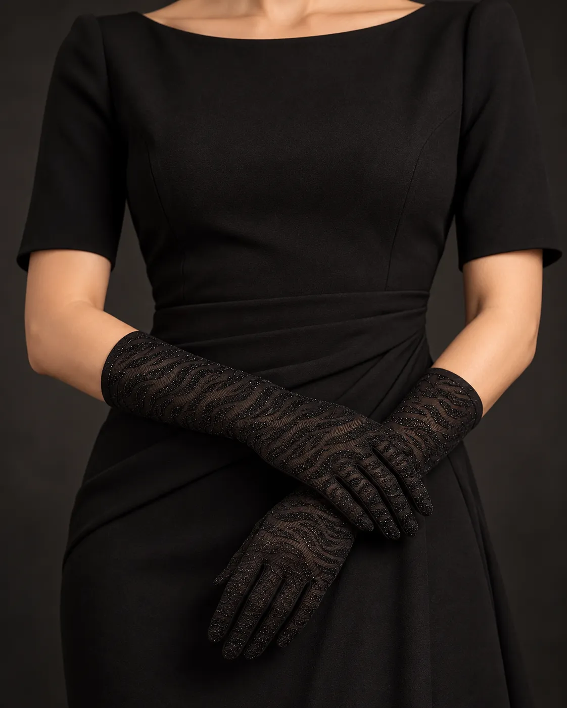 black-sparkle-long-gloves-2644-model تنخور دستکش لمه بلند زنانه مشکی کد 2644