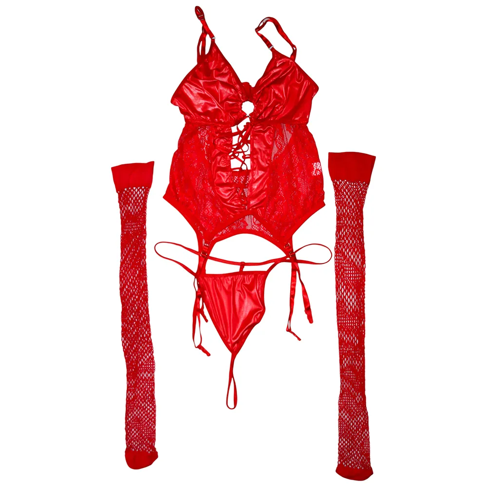 set-lingerie-3piece-4112-red (10) ست لانژری سهتکه قرمز کد 4112 با جوراب فیشنت